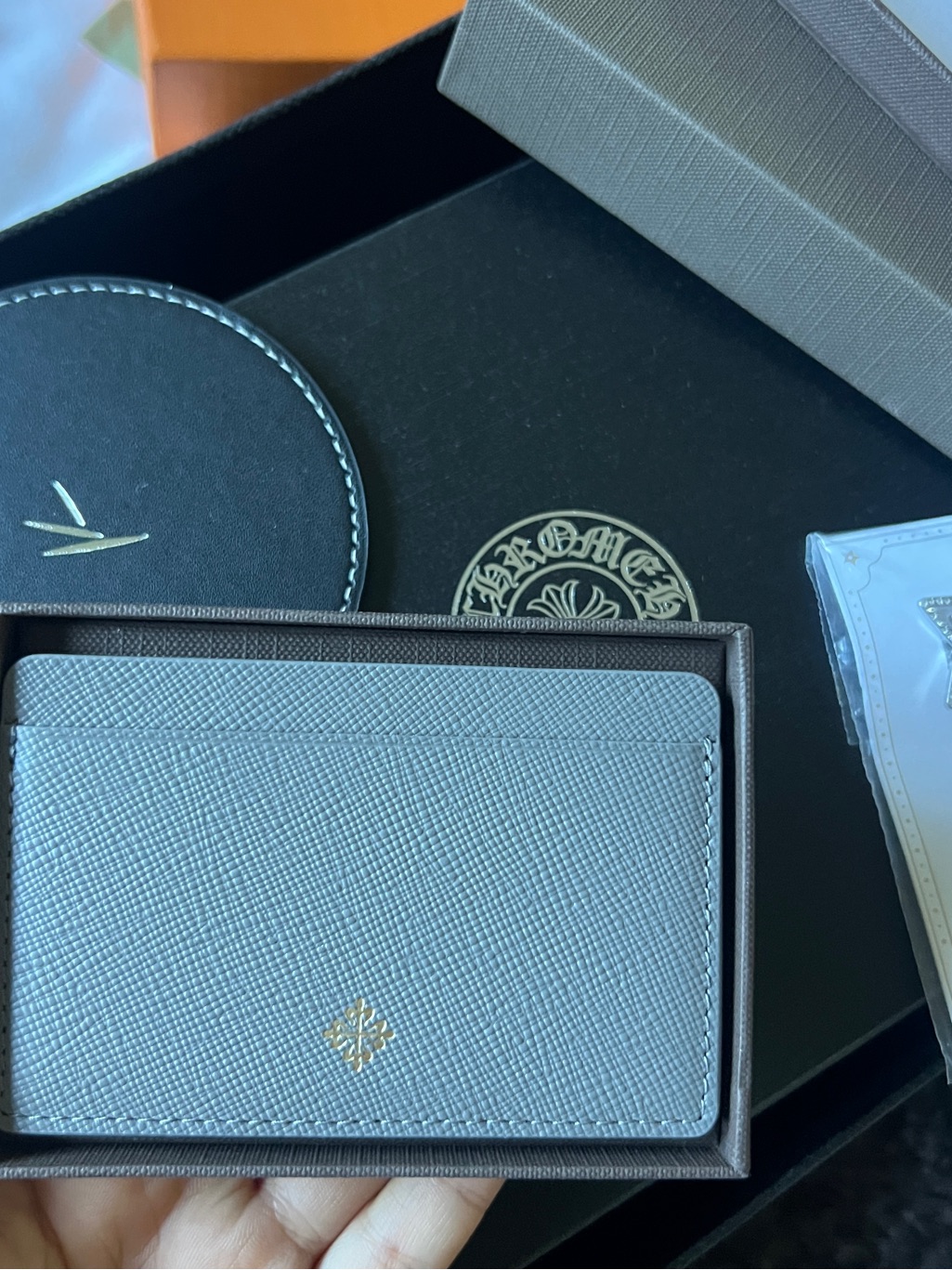 Patek Philippe Luxury TealGray Leather Card Holder With Gold Logo New Gift